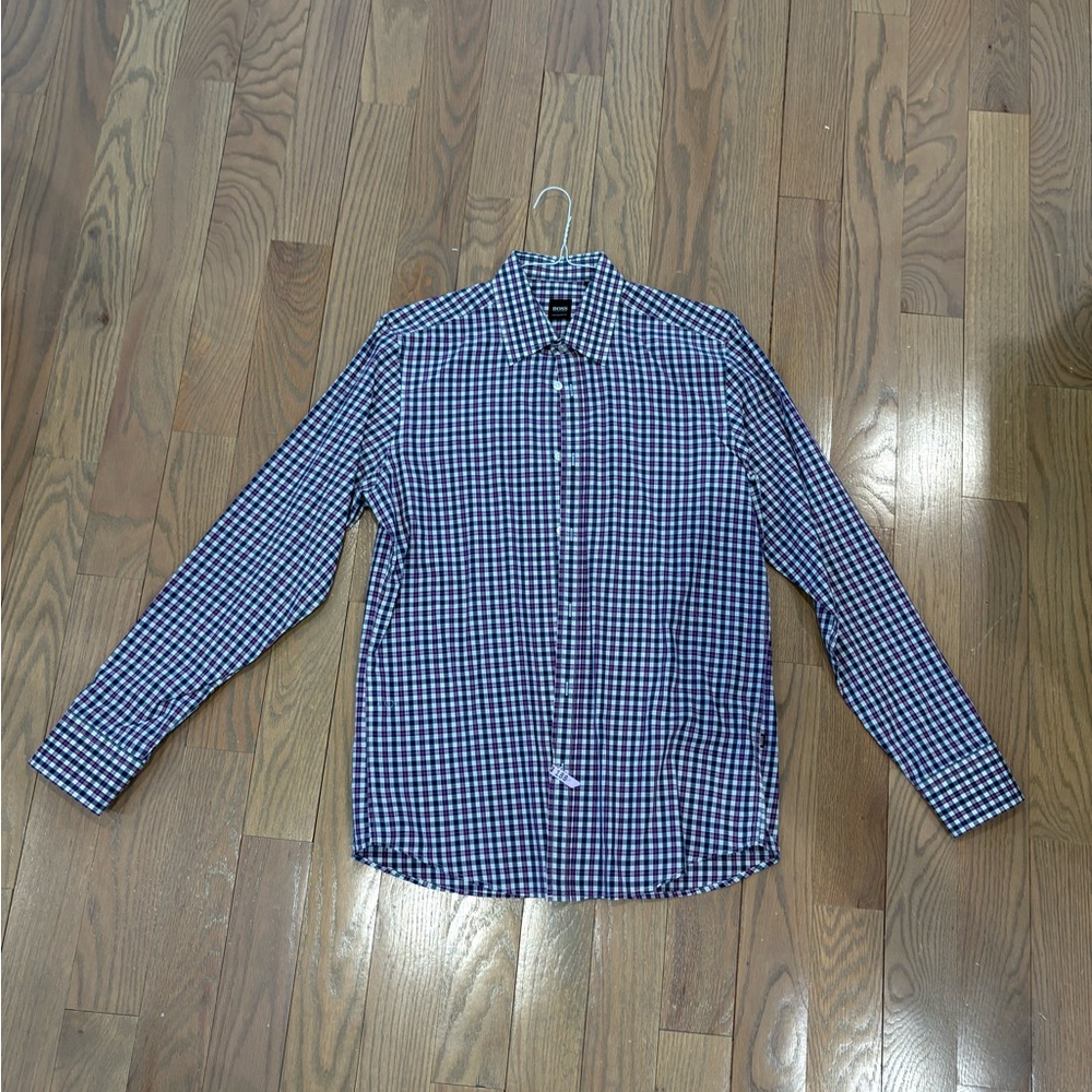 Boss Navy and White Checkered Button Down Shirt